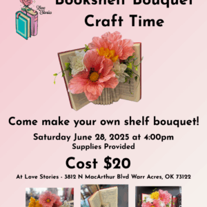 A handmade bouquet crafted from folded book pages and faux flowers, arranged in a decorative container, designed to sit beautifully on a bookshelf.