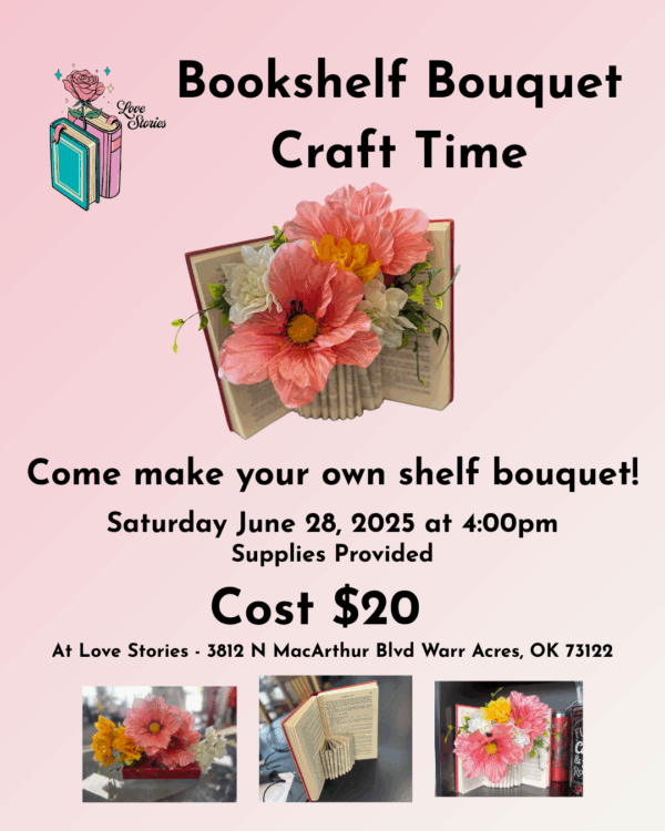 A handmade bouquet crafted from folded book pages and faux flowers, arranged in a decorative container, designed to sit beautifully on a bookshelf.
