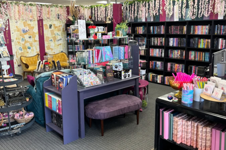 Interior of Love Stories romance bookstore inside The Formal Niche in Oklahoma City with shelves of romance novels and reading displays.
