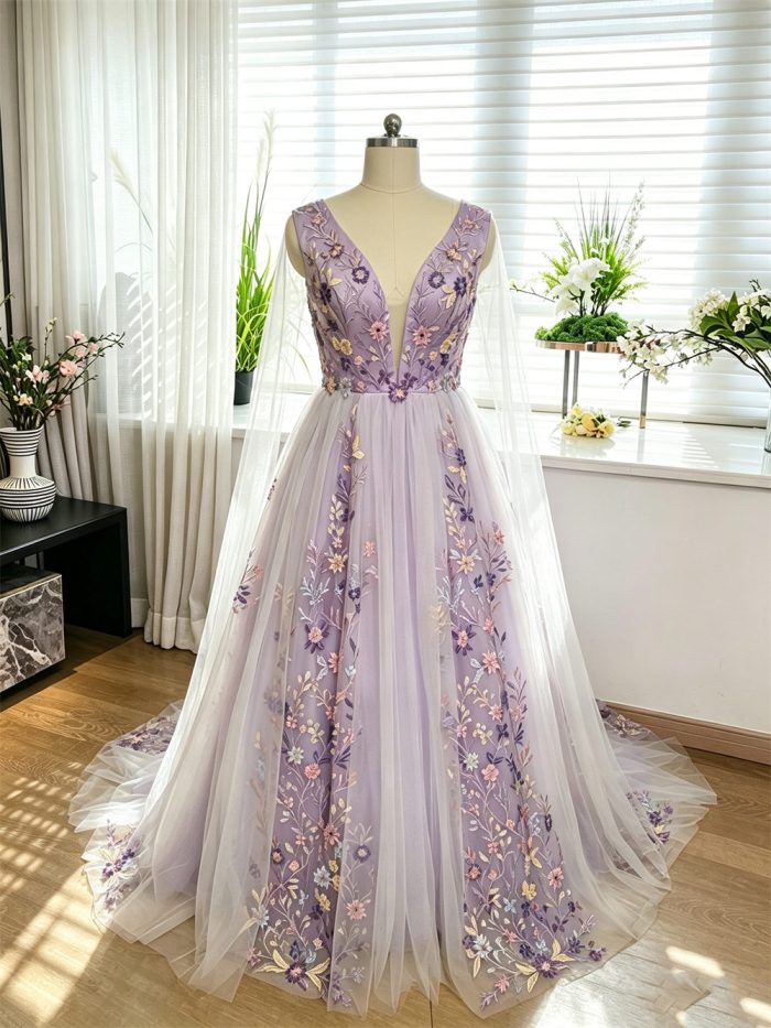 Alternative wedding dress with colorful floral embroidery, a sheer corset bodice and flowing lavender tulle skirt.